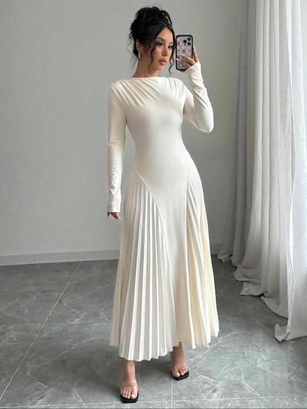 Women's Plain Pleated Long Sleeve A Line Dress, Elegant Round Neck Long Dress for Party Holiday Wedding Guest, Ladies Clothes for All Seasons