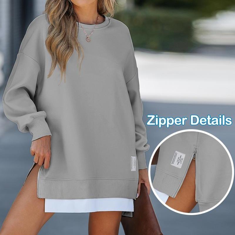 Womens Long Sleeve Pullover Sweatshirt Zipper Slit Casual Dress Comfort Cotton Fit Round Neck