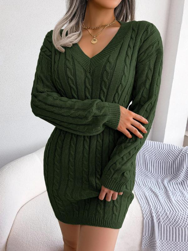 Women's Basic Comfort Solid Textured Drop Shoulder Sweater Dress, Lady's Minimalist Casual Lady Long Sleeve V Neck Cable Knit Dress,  Dresses for Women, Latina Outfits