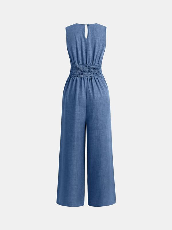 YOZY [3 colors, size 4-14] Bow Decor Wrap Jumpsuit, Elegant Plain V Neck Shirred Waist Plicated Wide Leg Jumpsuit, 2024 Women's Work Office Business Wear for Spring & Fall, [S-XXL]