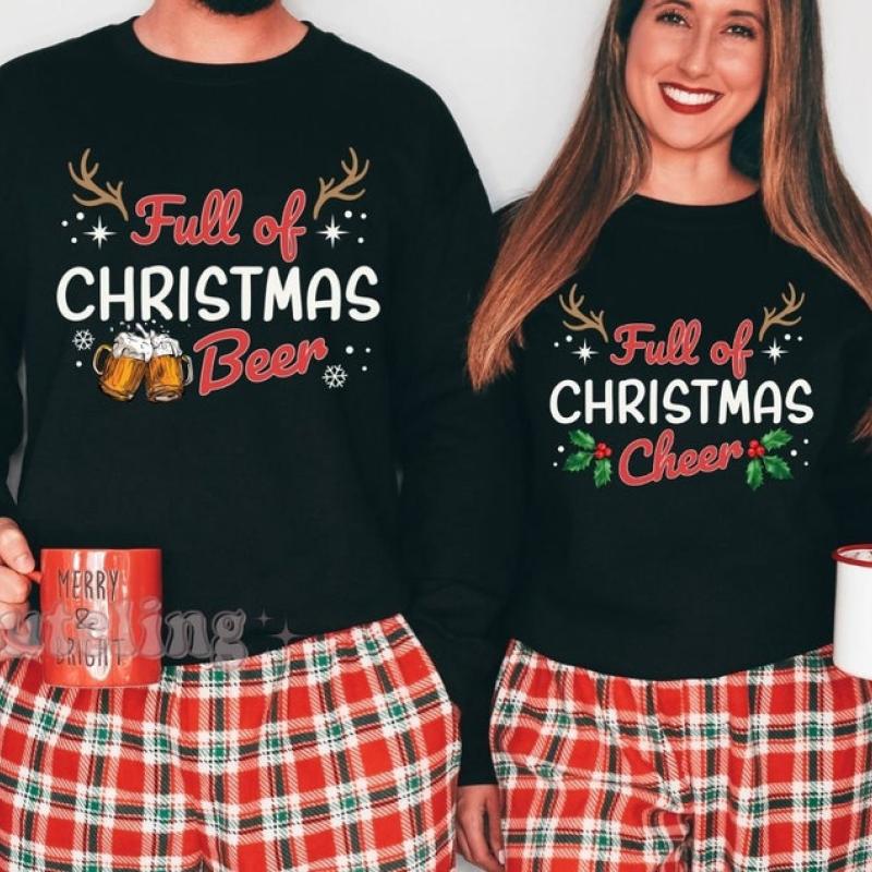 Funny Couples Christmas Sweatshirts, Couple Christmas Pajamas Couple Sweaters Matching Christmas Shirts Christmas Cheer Funny Beer Pun Shirt