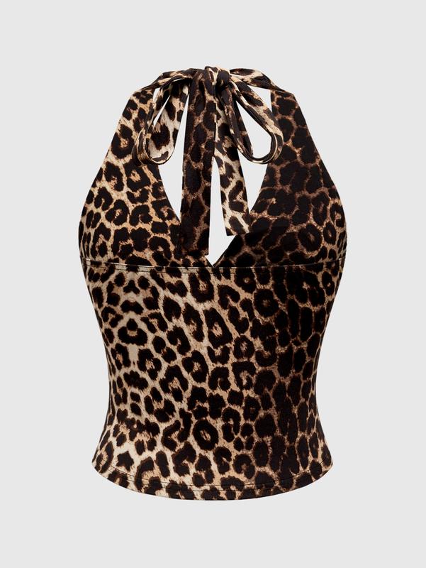 ROMWE Grunge Punk Y2K Leopard Print Halter Neck Top For Women