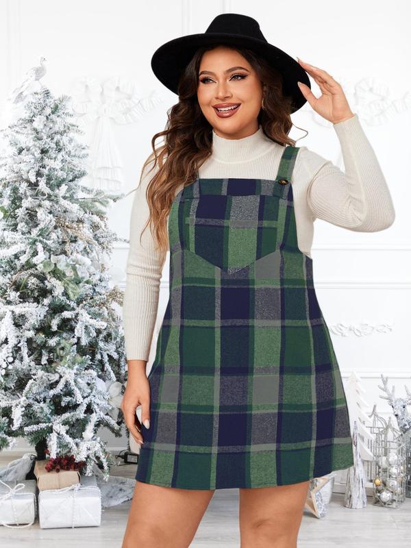  Plaid Print Button Pinafore Dress without Top, Casual Pocket Sleeveless Dress for Spring & Fall, Women's Clothes for Daily Wear, Preppy 80s Clothes