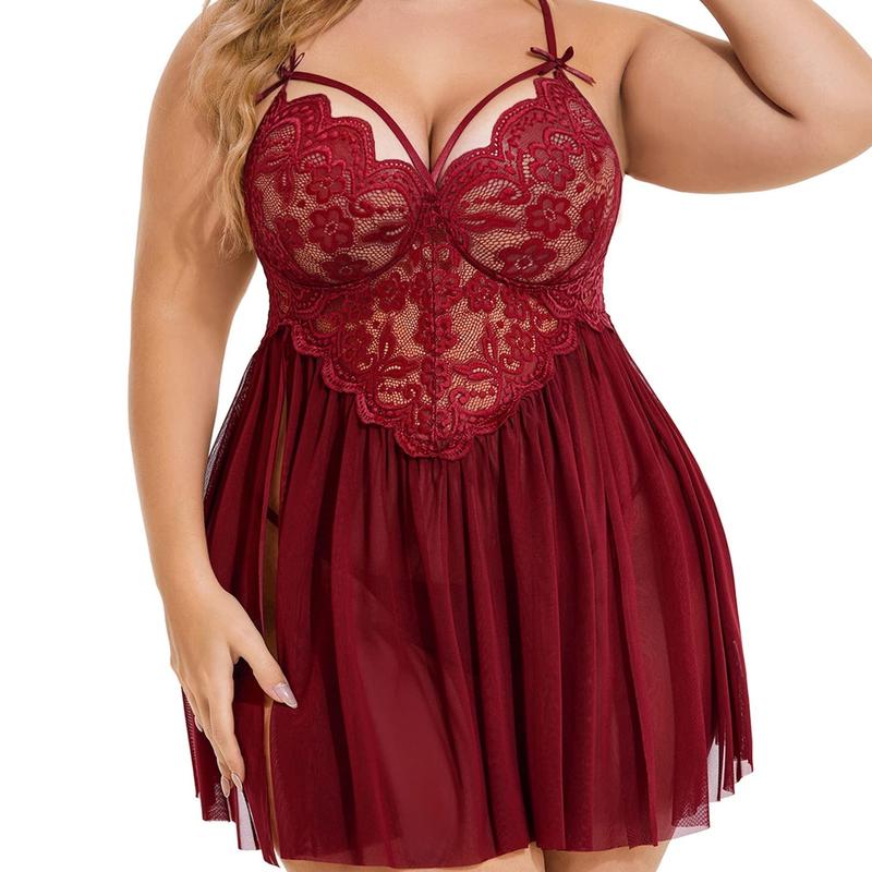 Avidlove Plus Size Lace Lingerie Women Strap Chemise Nightgown V Neck Nighty Sleepwear Side Slit Nightdress