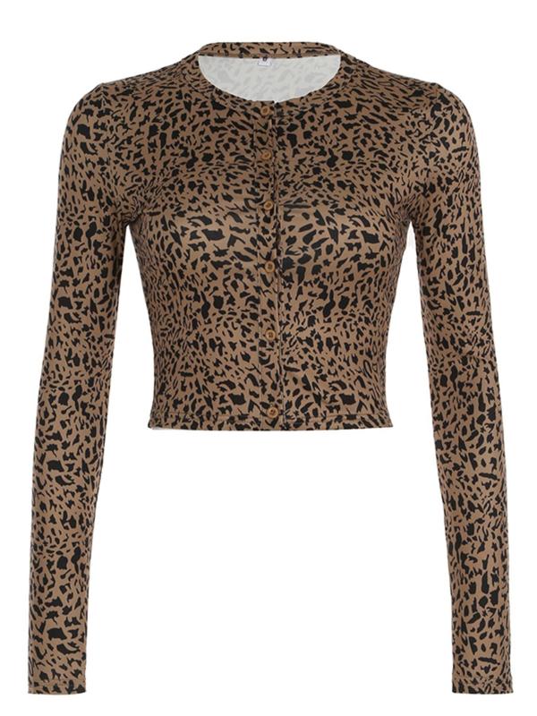 Women's Leopard Print Button Front Crop Top, Casual Long Sleeve Round Neck Top for Fall & Winter, Women's Clothes for Daily Wear