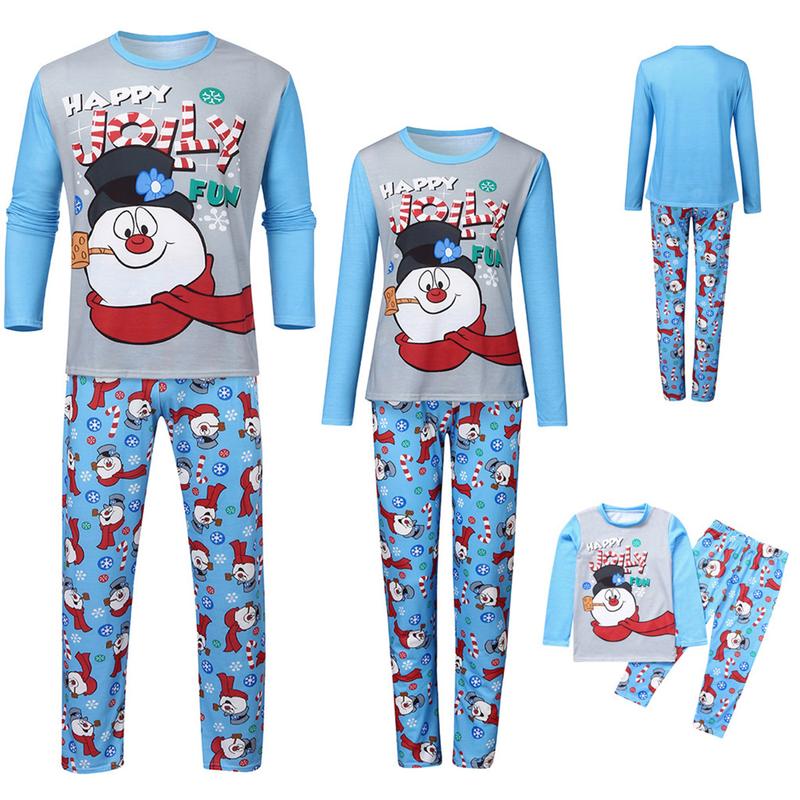 Blue Cartoon Snowman Pattern Matching Christmas Pajamas For Family, Long Sleeve Cartoon Snowman Pattern Christmas Pjs