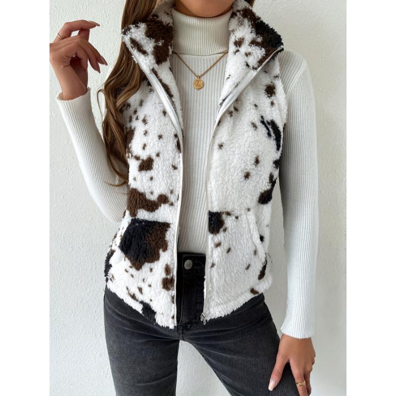 Cozy Cow Pattern Plush Vest Jacket - Soft, Warm, and Casual Sleeveless Gilet with Slant Pockets for Winter & Fall - Women's Fashion Clothing for Everyday Wear