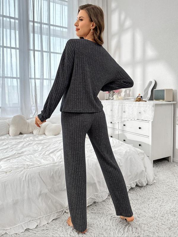 Women's Solid Drop Shoulder Pocket Top & Pants Pyjama Two-piece Set, Women Nightwear for Birthday Gifts, Casual Comfy Long Sleeve Top & Trousers Pj Set, Women's Sleepwear for Spring & Fall, Pajama Sets Women, Fall Wear, Fallfreshness