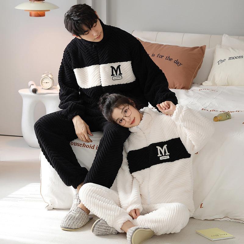 Flannel Couple Pajamas Men's Autumn And Winter Thickened Keep Warm New Zipper Cardigan Cute Coral Fleece Homewear