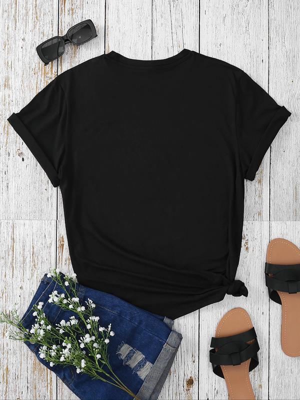  Letter & Books Print Round Neck Tee, Trendy Casual Short Sleeve Crew Neck T-shirt for Daily Wear,  Vintage Graphic Tees, Ladies Summer Outfit