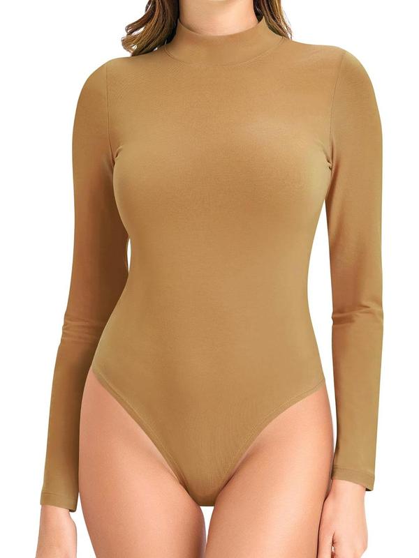 Women's Solid Mock Neck Long Sleeve Shapewear Bodysuit, High Stretch Tummy Control Shaper, Ladies Shapewear for All Seasons