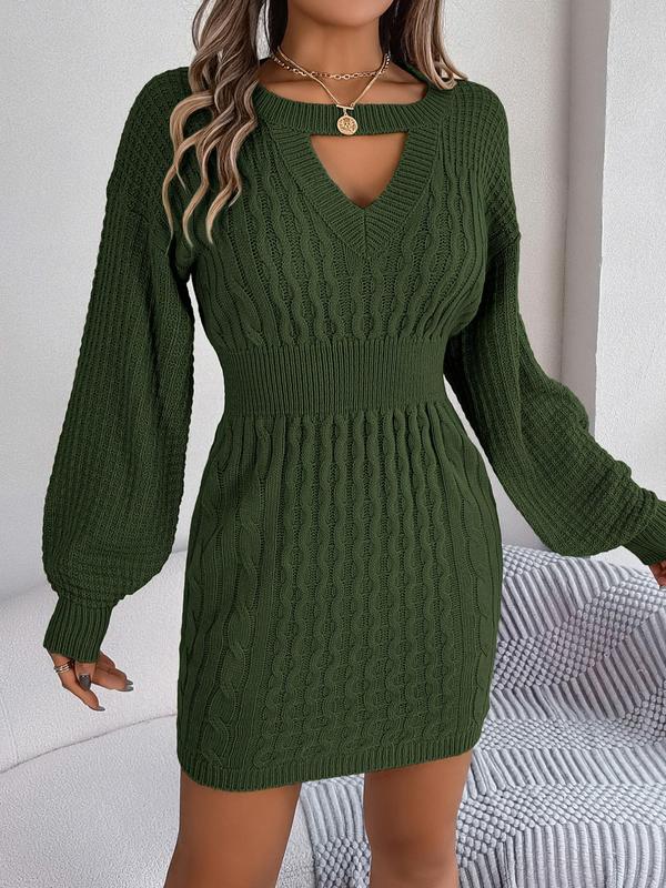 Lantern Sleeve Cut Out Sweater Dresses for Women, Elegant Keyhole Neckline Long Sleeve Bodycon Knit Dress for Fall & Winter, Birthday Dresses 2024, Women's Knitwear for Daily Streetwear Casual Wear