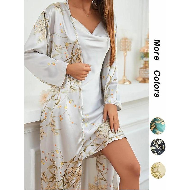 @Shopwithjulie Collection 2 Piece Set Women's Floral Print Pyjama Set, Girl Nightwear, Cowl Neck Cami Nightdress & Belted Pj Robe, Fall Wear, Women Sleepwear Loungewear Set, Lounge Set , Pajama Sets Women, Plz Order A Size Up matching comfortable