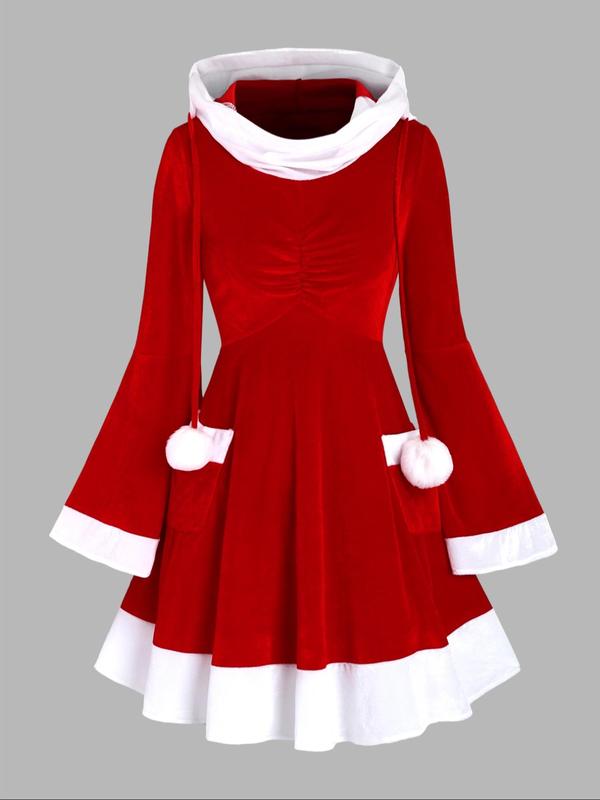  Christmas Themed Ruched Pocket Hooded Dress, Casual Long Sleeve Flounce Sleeve Dress for Party Holiday, Women's Clothing for Fall & Winter