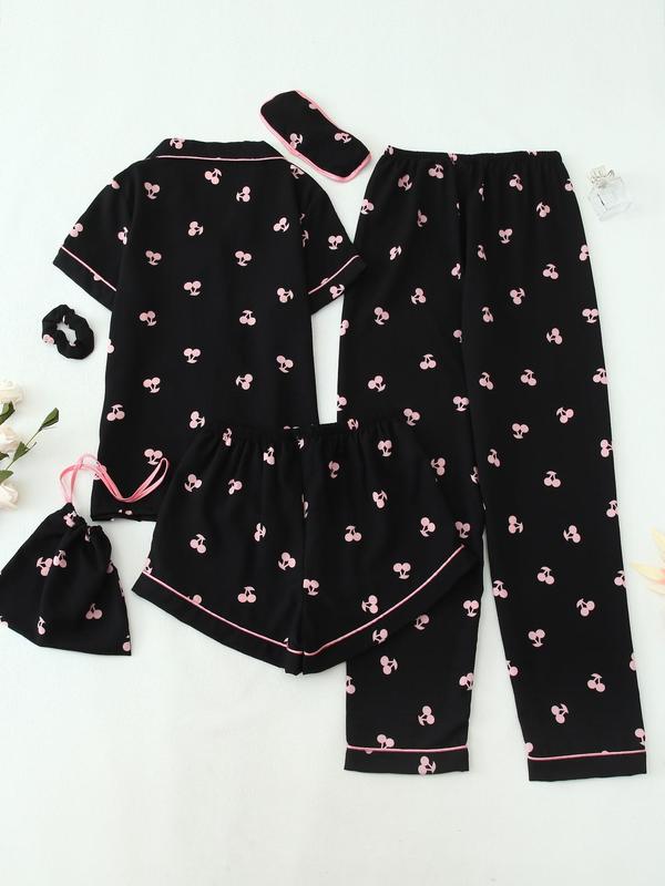 Women's Two-Piece Set All Over Cherry Print Contrast Binding Pyjama Set, Casual Lapel Pocket Shirt & Elastic Waist Pants & Shorts & Scrunchie & Eye Mask & Storage Bag, Women's Sleepwear for All Seasons