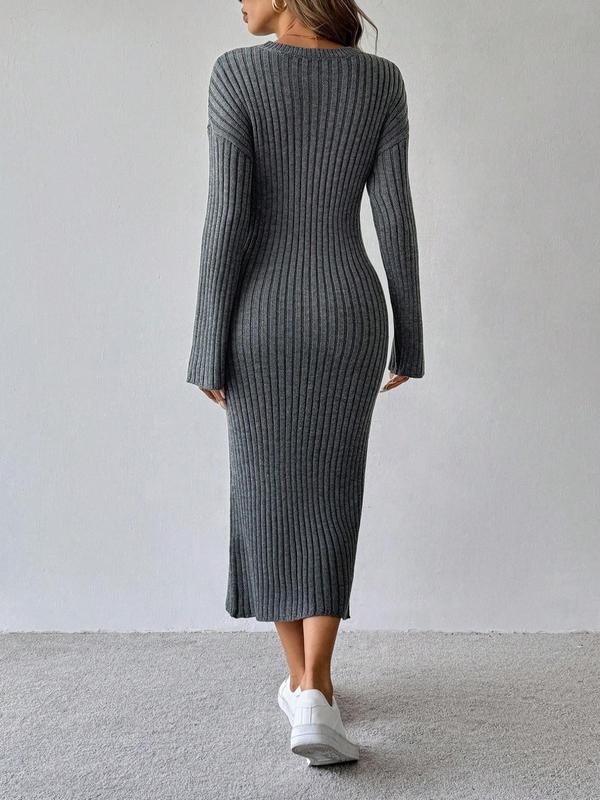 Women's Plain Drop Shoulder Bodycon Sweater Dress, Casual Long Sleeve Round Neck Midi Dress for Fall & Winter, Women's Knitwear for Daily Wear