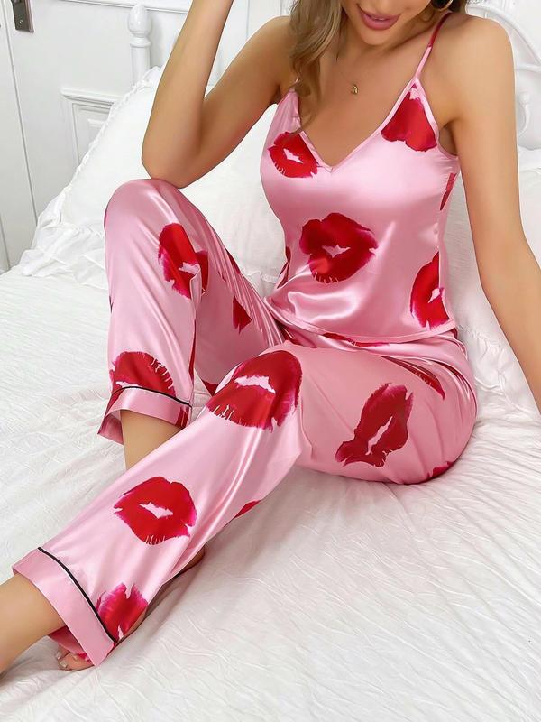 Two-Piece Set Women's All Over Lip Print Pyjama Set, Elegant V Neck Cami Top & Elastic Waist Sleep Pants, Ladies Sleepwear for All Seasons