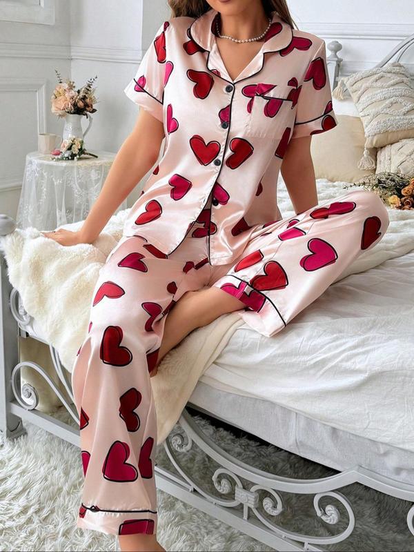 Two-Piece Set Women's Butterfly Print Notched Neck Pajama Set, Casual Comfy Short Sleeve Top & Pants PJ Set, Ladies Sleepwear for All Seasons