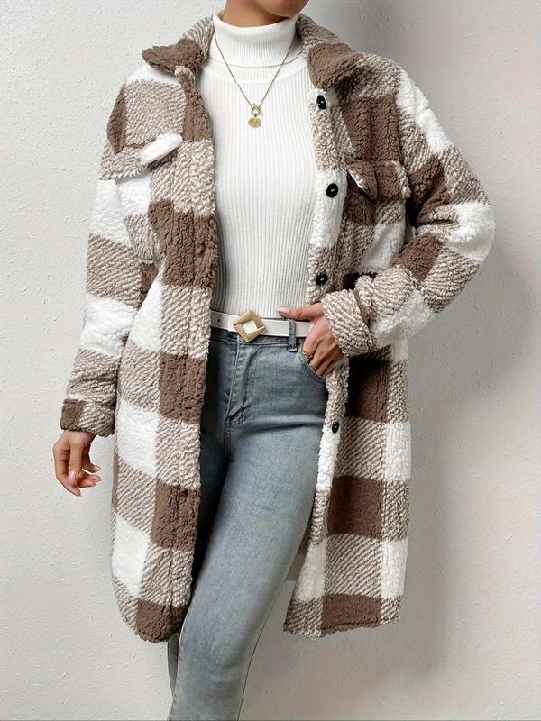 Women's Plaid Print Button Front Fuzzy Jacket, Casual Long Sleeve Collared Outerwear for Fall & Winter, Women's Clothes for Daily Wear