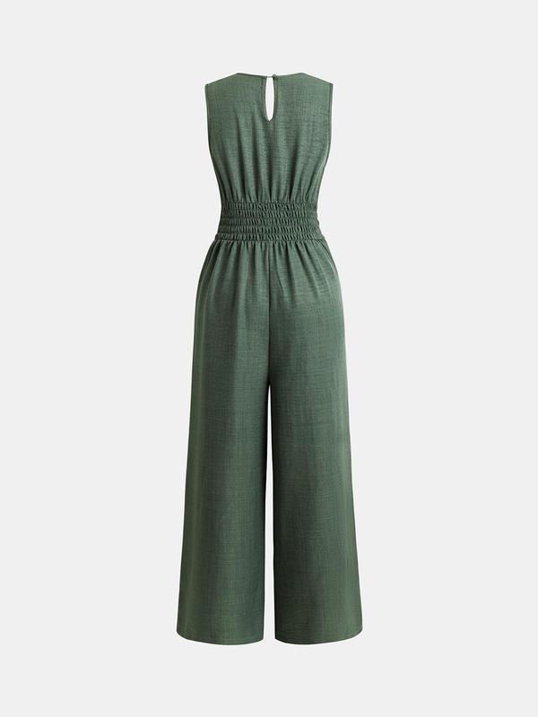 YOZY [3 colors, size 4-14] Bow Decor Wrap Jumpsuit, Elegant Plain V Neck Shirred Waist Plicated Wide Leg Jumpsuit, 2024 Women's Work Office Business Wear for Spring & Fall, [S-XXL]