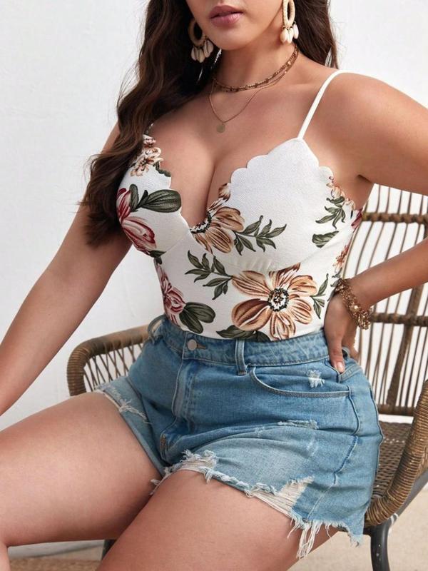 Plus Size Floral Print Scallop Trim Bodysuit, Adjustable Strap Deep V Neck Open Crotch Design Bodysuit for Summer, Women's Clothes for Daily Wear