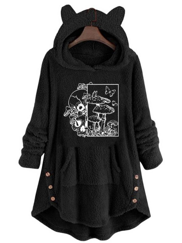 Women's Mushroom Print High Low Hem Hoodie, Casual Drop Shoulder Long Sleeve Hooded Sweatshirt for Fall & Winter,  Essential Hoodie, Women's Clothes for Daily Wear