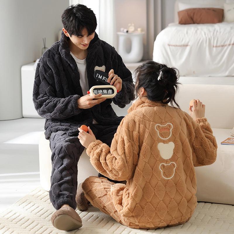 Flannel Couple Pajamas Men's Autumn And Winter Thickened Keep Warm New Zipper Cardigan Cute Coral Fleece Homewear