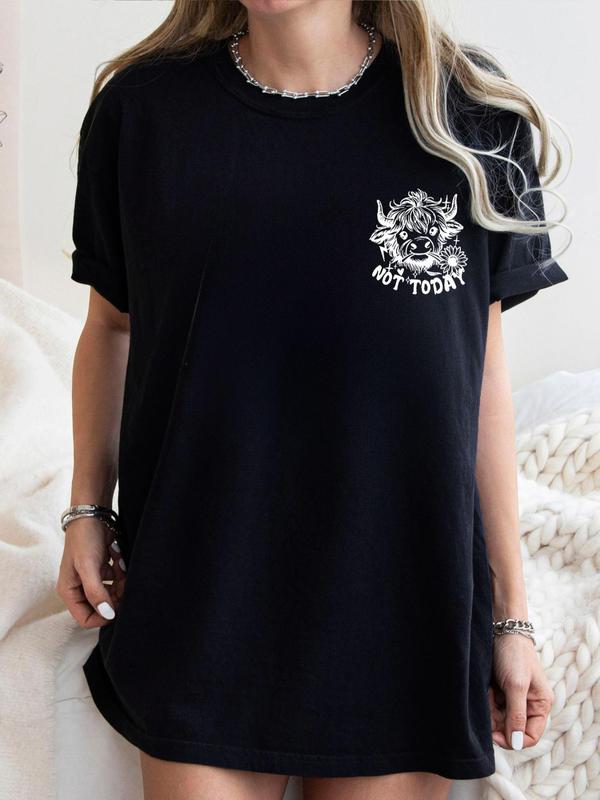 Women's Cow & Letter Print Drop Shoulder Tee, Casual Half Sleeve Round Neck T-shirt for Summer, Fashion Women's Top for Daily Wear