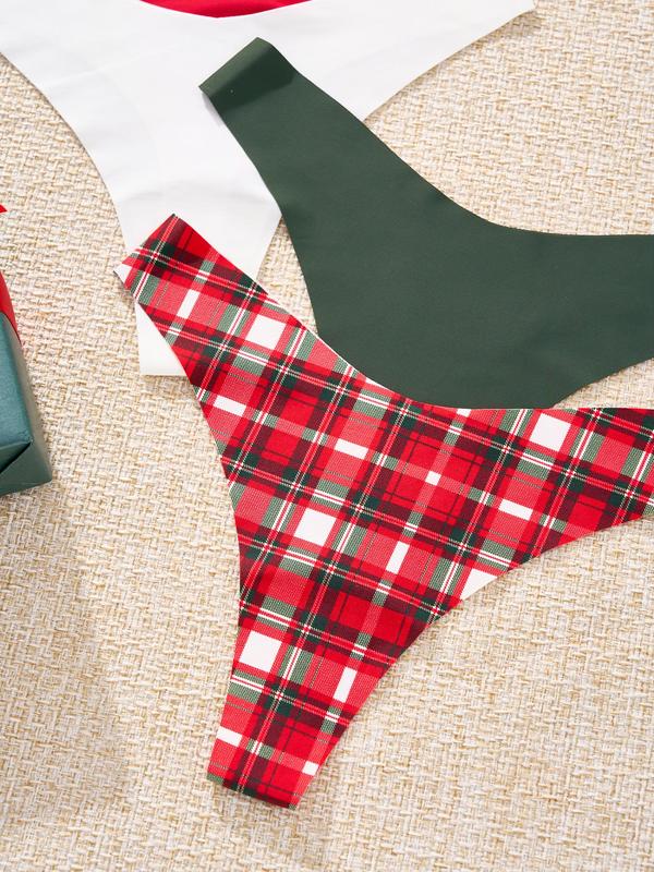 Women's Christmas Plain & Plaid Print Thong, Soft Comfy Breathable Seamless Panty for Daily Wear, Women's Underwear for All Seasons