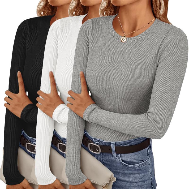 Women's Long Sleeve Shirts 3 Packs Crew Neck Stretchy Fitted Tops Ribbed Base Layer Soft Thermal Undershirts Tee