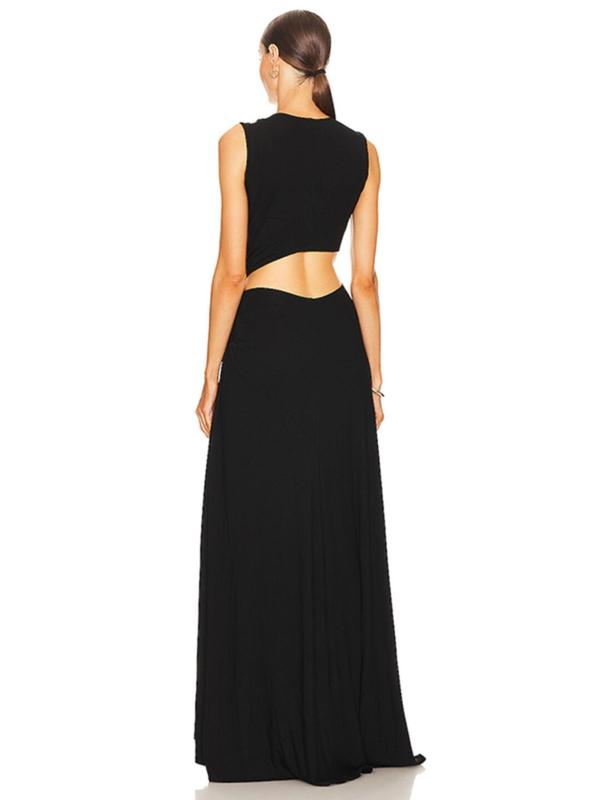 Women's Plain Cut Out Ruched Split Thigh Dress, Elegant Deep V Neck Sleeveless Maxi Dress, Ladies Summer Clothes for Party