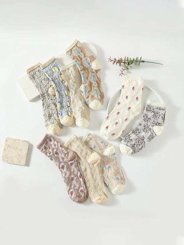 Women's 9 Pairs Ditsy Floral Print Crew Socks with 3d Textured Design, Casual Comfortable Breathable Socks for Daily Wear, Multipack Knit Socks for All Seasons