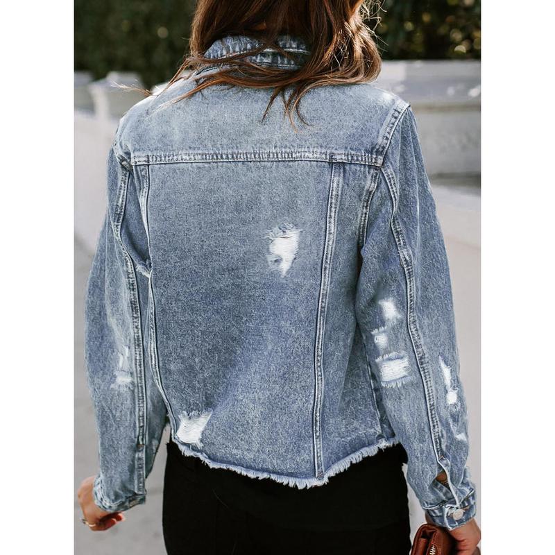 EVALESS Women's Jean Jackets Non-stretch Boyfriend Washed Distressed Ripped Fringe Denim Jean Jacket -Short Style 2024 Fashion Fall Outfits Clothing