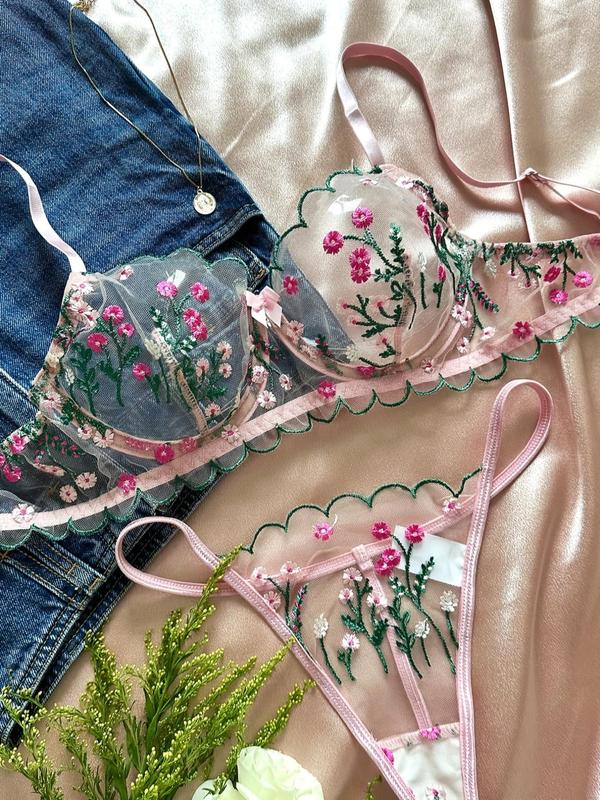 Women's 2pcs Floral Embroidery Sheer Tulle Sexy Lingerie Set, Adjustable Strap Bow Front Underwire Bra & Scallop Trim Thong, Fashion Comfy Women's Sexy Lingerie Set for All Seasons