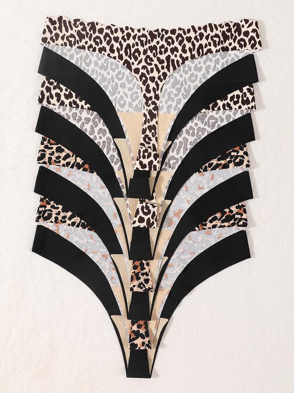 Women's Solid & Leopard Print Scallop Trim Thong, Underwear for Women, Breathable Comfortable Panties for Daily Wear, Ladies Underwear for All Seasons