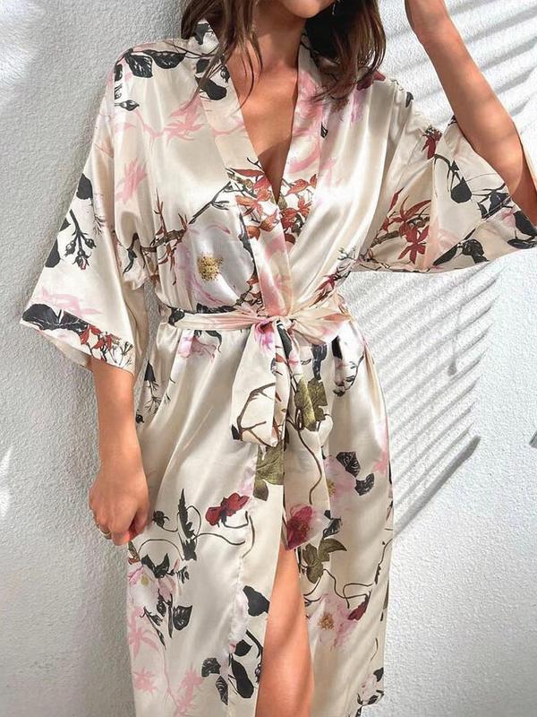 Women's Floral Print Belted Drop Shoulder Robe, Casual Comfy Half Sleeve Night Robe for Women, Ladies Sleepwear for All Seasons