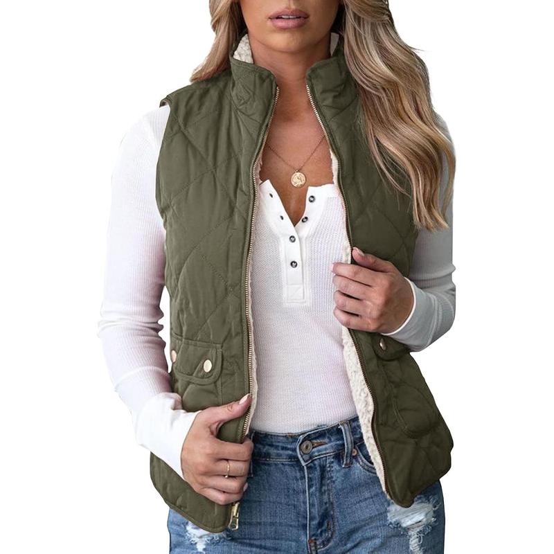 Fisoew Women's Reversible Sherpa Vest Quilted Zip Fleece Padded Gilet with Pockets