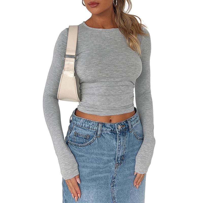 Women's Tight Long Sleeve Shirt - Casual Slim Fit Ruched Crinkle Crop Tops Solid Scoop Neck Pullover Tight T-Shirts Comfort Everyday