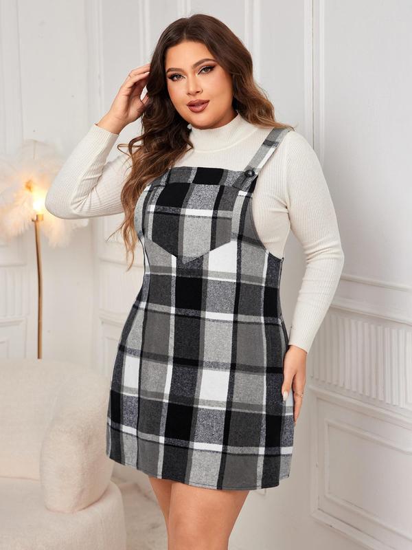  Plaid Print Button Pinafore Dress without Top, Casual Pocket Sleeveless Dress for Spring & Fall, Women's Clothes for Daily Wear, Preppy 80s Clothes