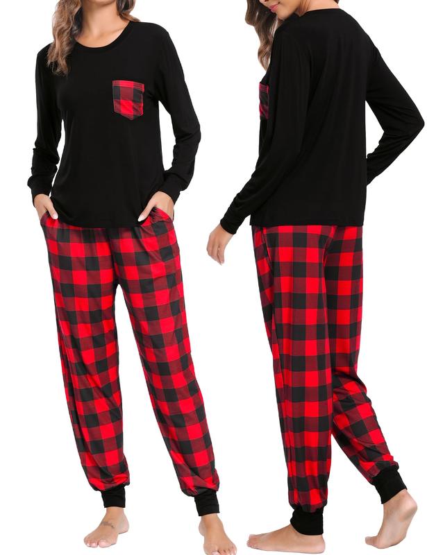 SWOMOG Adult Christmas Pajamas Buffalo Plaid Pajama Pants with Pockets Long Sleeve Tops for Couples & Family Womenswear Pajama Set Cotton Fabric