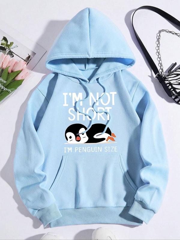 Women's Cartoon Penguin & Letter Print Drop Shoulder Hoodie, Fashion Casual Drawstring Pocket Hooded Sweatshirt for Daily Holiday Outdoor Wear, Ladies Clothes for Spring & Fall