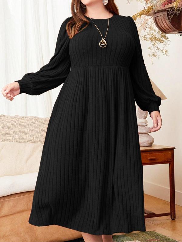 Plus Size Solid Color Bishop Sleeve A Line Dresses for Women, Elegant Long Sleeve Round Neck Ribbed Dress for Fall & Winter,  Women's Clothing, Birthday Dress for Women, Women's Clothes for Daily Vacation Party