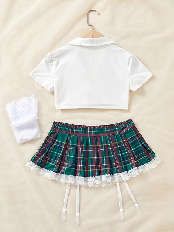 Women's Preppy Style Sexy Costume Set, Short Sleeve Collared Tie Front Crop Top & Plaid Print Mini Skirt & Lace Trim Stockings Set, Romantic Nightwear Lingerie Set for Ladies