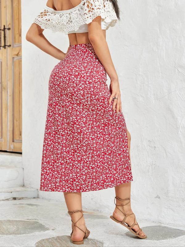 Women's Ditsy Floral Print Split Thigh A Line Vintage Skirt, Boho Casual High Waist Midi Skirt, Bohemian Bottom for Lady, Ladies Summer Clothes for Beach Holiday Vacation