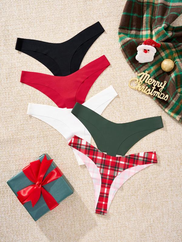 Women's Christmas Plain & Plaid Print Thong, Soft Comfy Breathable Seamless Panty for Daily Wear, Women's Underwear for All Seasons