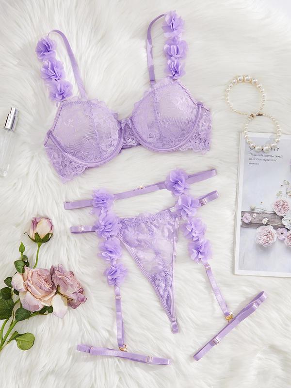 Women's Floral Appliques Lace Sexy Lingerie Three-piece Set, Sexy Comfy Breathable Bra & Thong & Garter Belt Set, Lingerie Set for Women