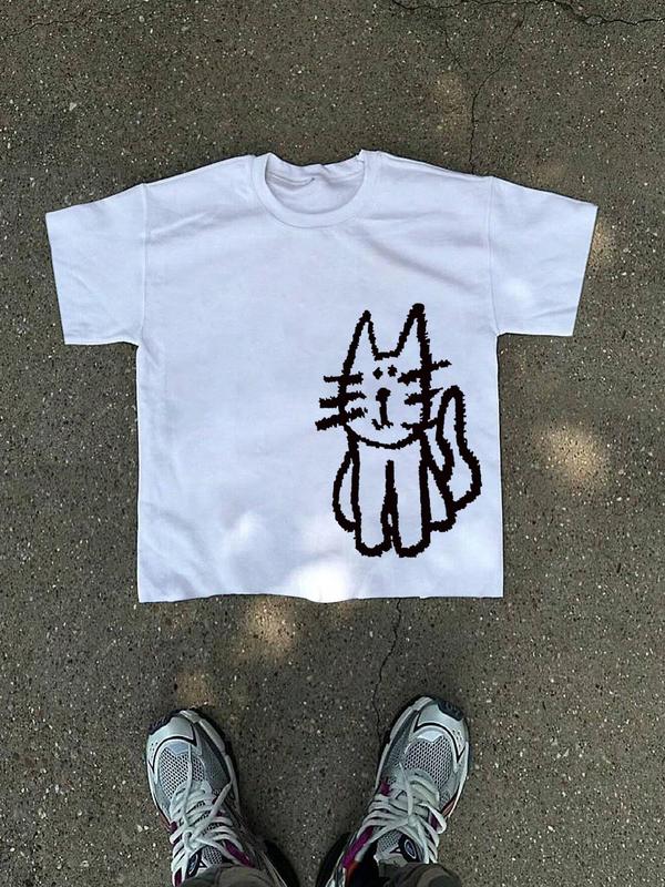 Unisex's Cat Print Round Neck Tee, Street Fashion Casual Short Sleeve T-shirt for Daily Wear, Unisex Top for Summer