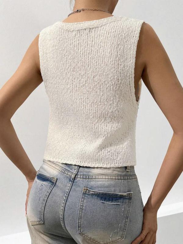 Women's Plain V Neck Hook & Eye Design Sweater Vest, Summer Outfits 2024, Crochet Vest, Casual Solid Sleeveless Knit Top for Summer, Fashion Ladies' Knitwear for Daily Wear