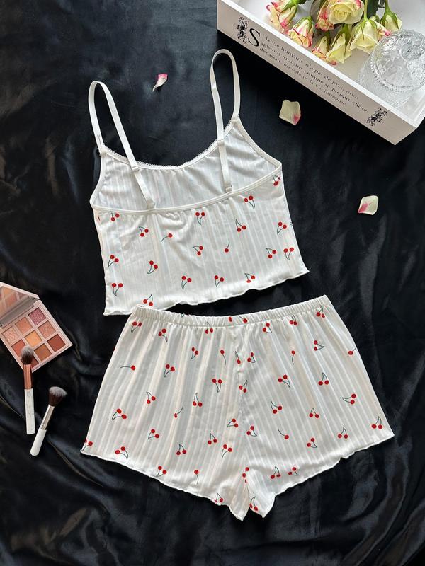 2 4 Counts Women's Back To School Cherry Print Bow Decor Two-Piece Pajama Set, Casual Lettuce Trim Camisole & Elastic Waist Shorts Lounge Sets, Pajama Sets Women, Summer Clothes Women, Women's Nightwear, Sleepwear for Women