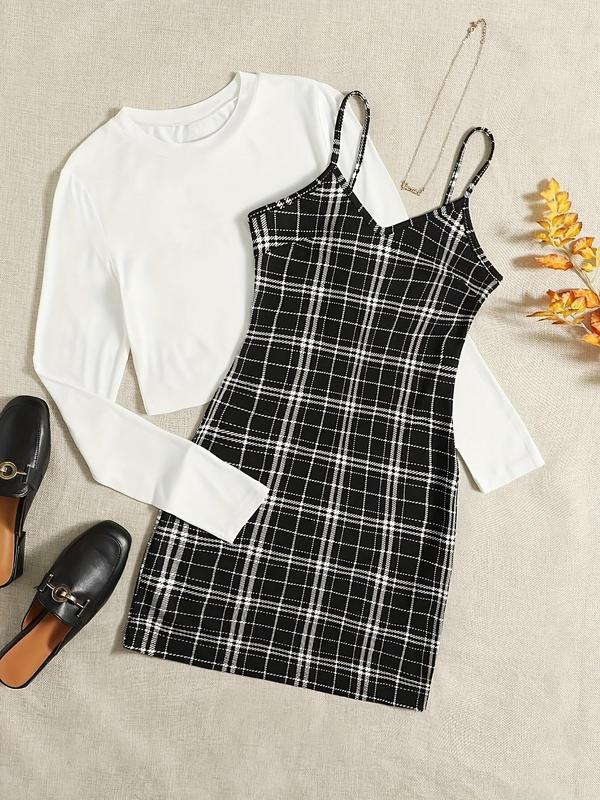 Two-piece Set Women's Plain Top & High Waist Plaid Print Skirt, Elegant Fashion Casual Round Neck Top & Bodycon Dress for Daily Outdoor Wear, Women Clothing for Fall & Winter Birthday Dress For Women